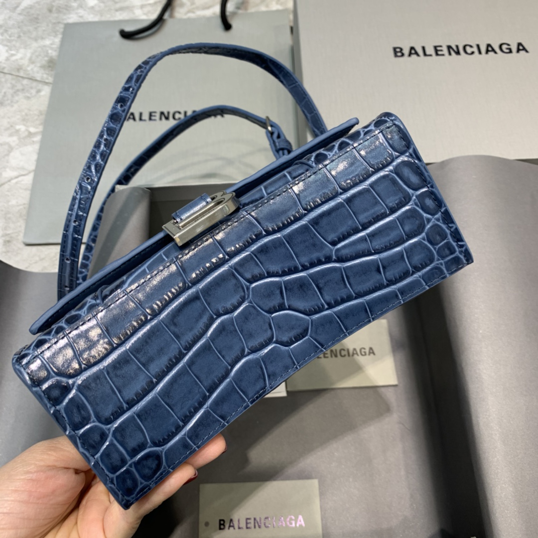 Balenciaga Hourglass XS Handbag Crocodile Embossed Shoulder Bag Gray Blue